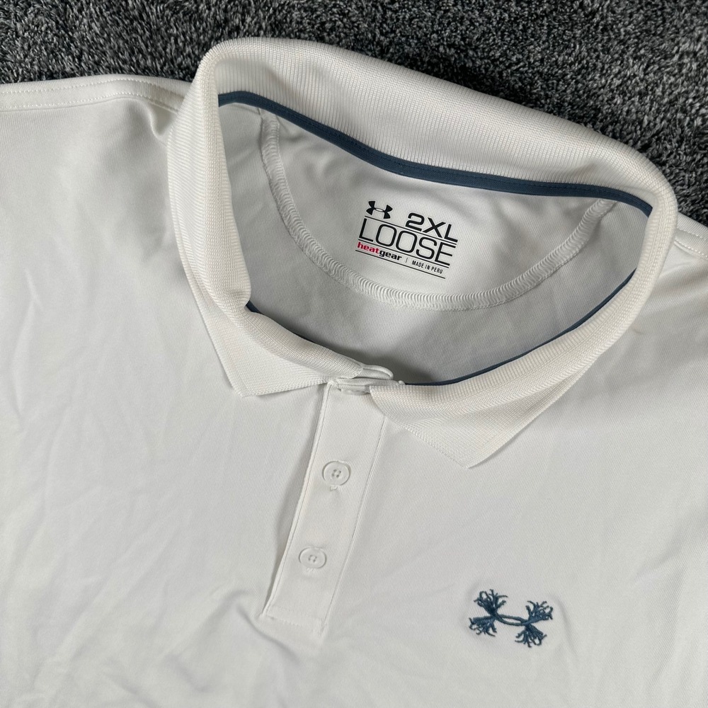 Under Armour Polo Shirt Mens 2XL Loose White HeatGear Short Slv Golf Hunting NEW